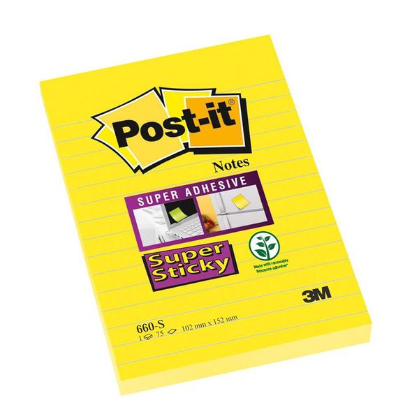 Samolepiaci bloček Post-it Super Sticky žltý 102 x 152 mm linajkovaný